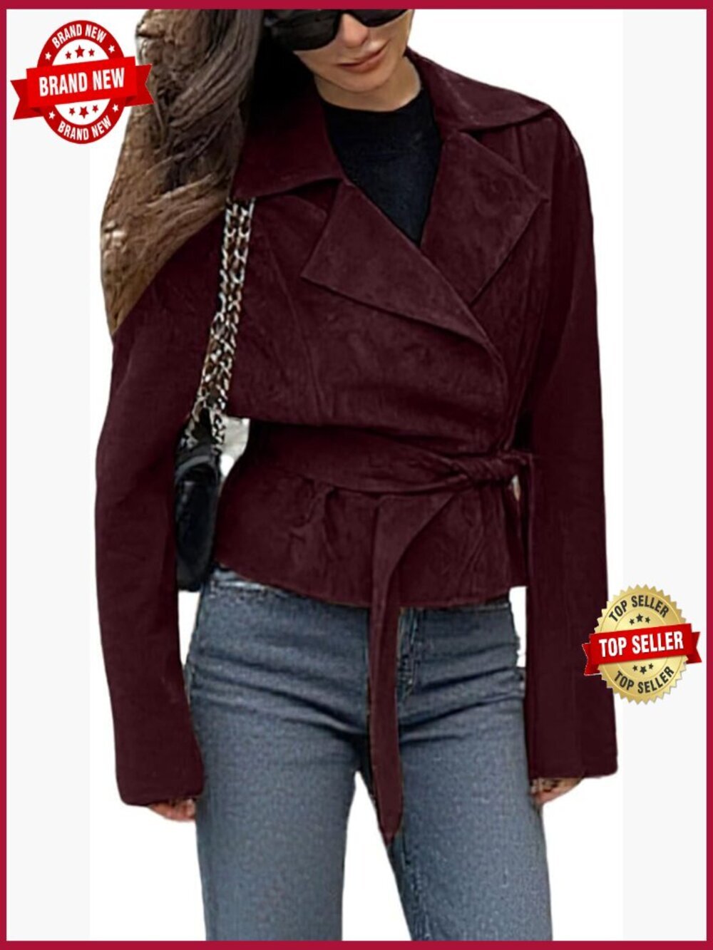 Faux Suede Leather Wrap Coat Cropped Jacket with Belt